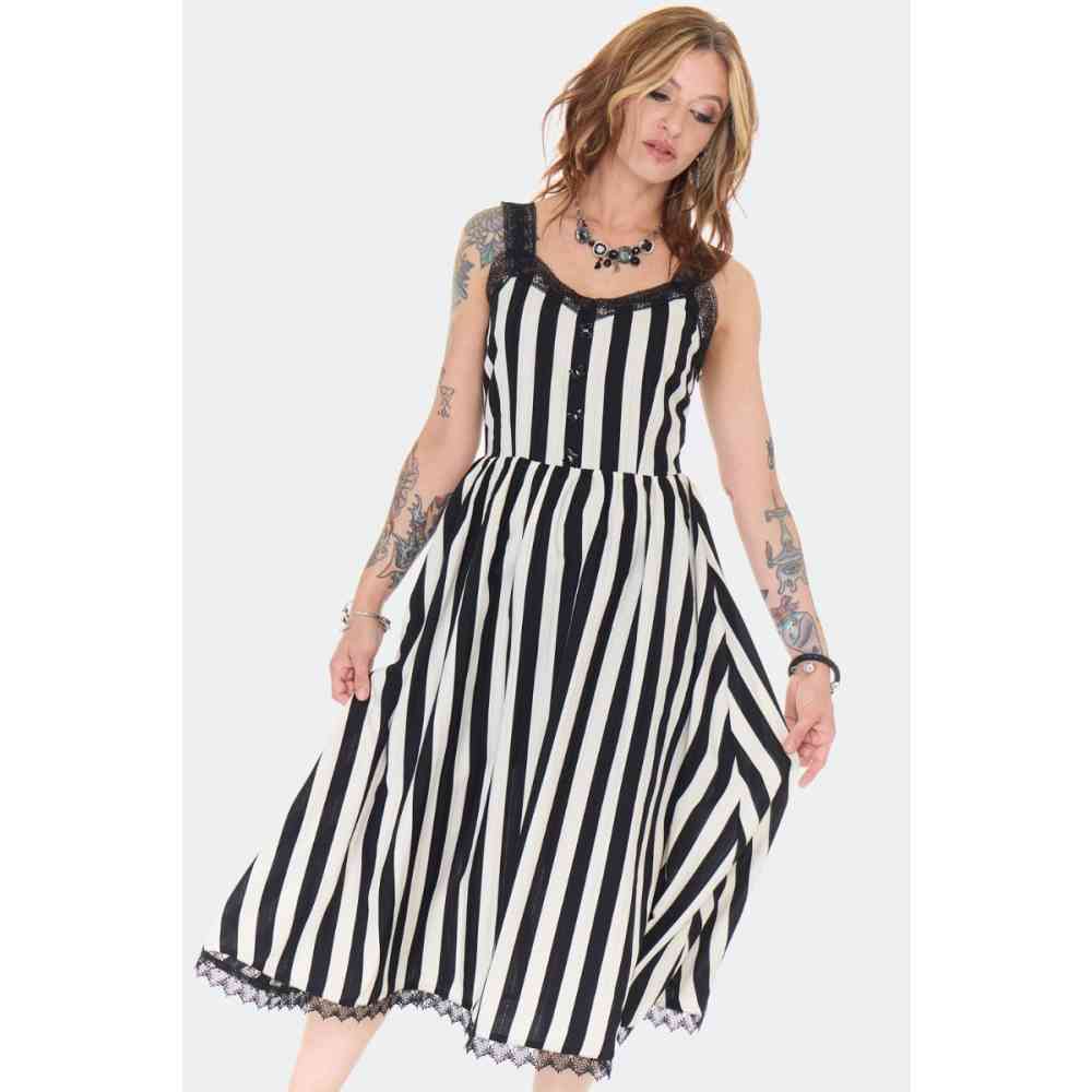 Jawbreaker - Butterfly Button Striped Sundress Maxi lange jurk - Zwart/Wit